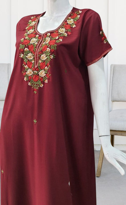 Maroon Parsi Embroidery Soft XL Nighty.Soft Breathable Fabric | Laces and Frills - Laces and Frills