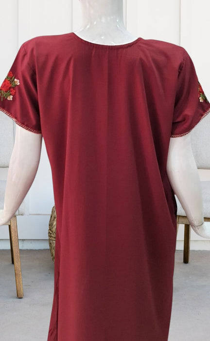 Maroon Parsi Embroidery Soft XL Nighty.Soft Breathable Fabric | Laces and Frills - Laces and Frills