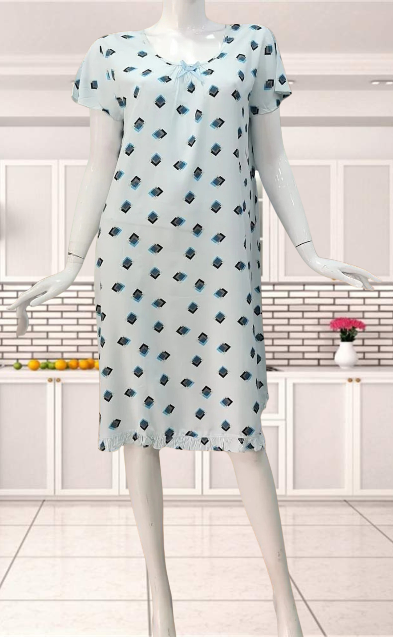 Light Blue Geometric  Short Nighty | Knee Length Nighty | Laces and Frills - Laces and Frills
