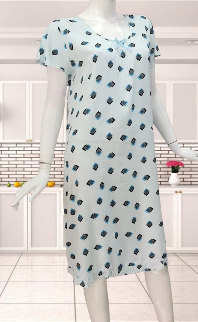 Light Blue Geometric  Short Nighty | Knee Length Nighty | Laces and Frills - Laces and Frills