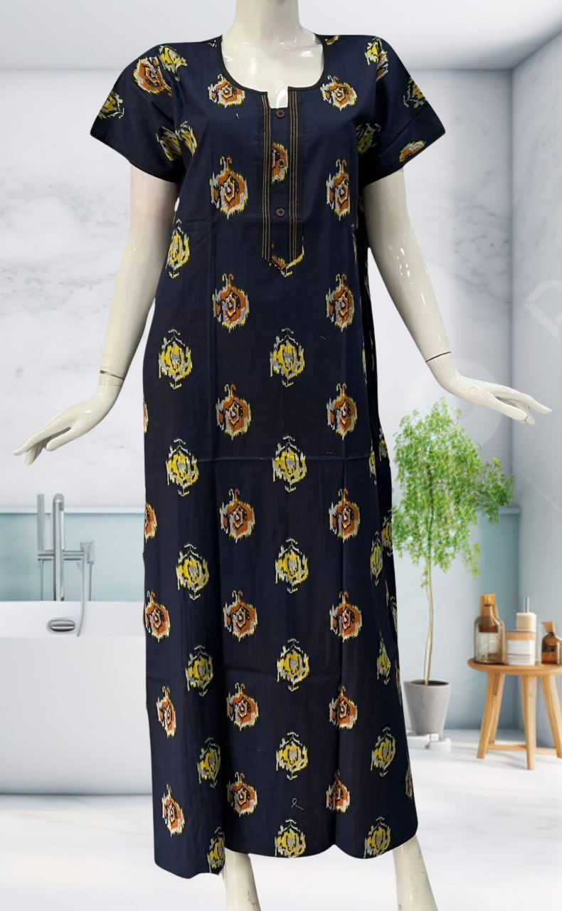 Navy Blue Ikkat Pure Cotton Nighty. Pure Durable Cotton | Laces and Frills - Laces and Frills