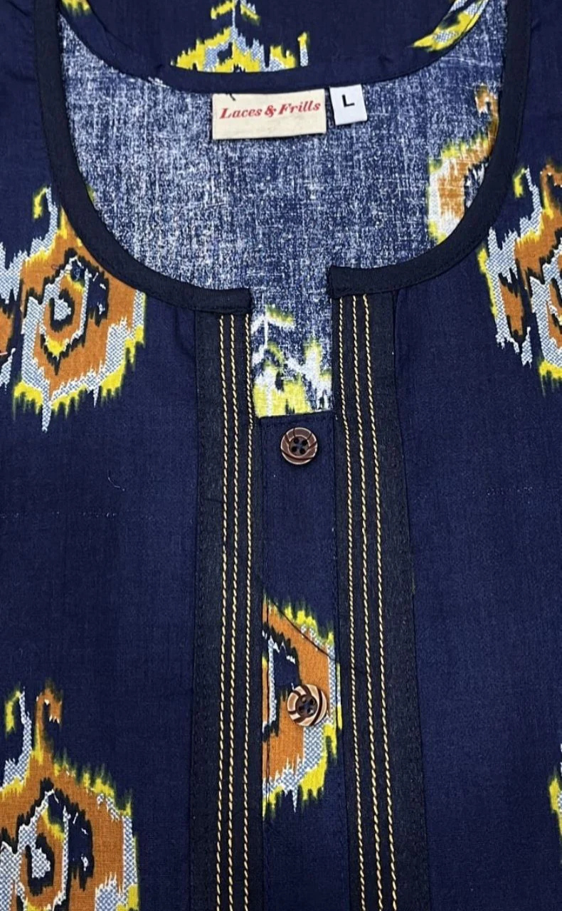 Navy Blue Ikkat Pure Cotton Nighty. Pure Durable Cotton | Laces and Frills - Laces and Frills