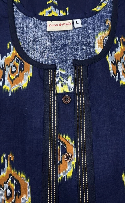 Navy Blue Ikkat Pure Cotton Nighty. Pure Durable Cotton | Laces and Frills - Laces and Frills
