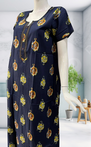 Navy Blue Ikkat Pure Cotton Nighty. Pure Durable Cotton | Laces and Frills - Laces and Frills