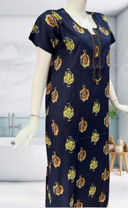 Navy Blue Ikkat Pure Cotton Nighty. Pure Durable Cotton | Laces and Frills - Laces and Frills
