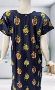 Navy Blue Ikkat Pure Cotton Nighty. Pure Durable Cotton | Laces and Frills - Laces and Frills