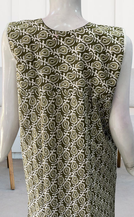 Olive Green Manga Motif Pure Cotton Sleeveless Free Size Nighty . Pure Durable Cotton | Laces and Frills - Laces and Frills