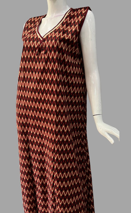 Maroon/Black Zigzag Pure Cotton Sleeveless  XL Nighty. Pure Durable Cotton | Laces and Frills - Laces and Frills