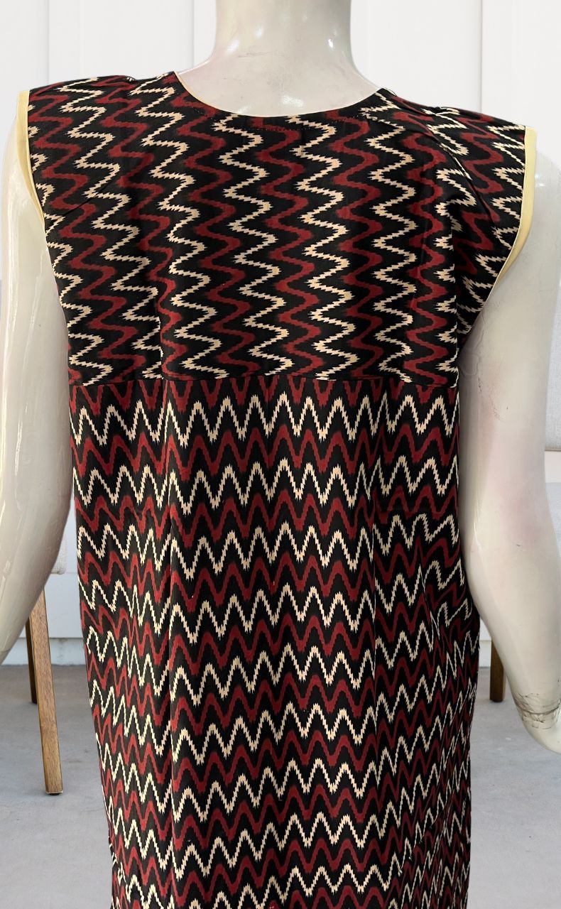 Black Zigzag Pure Cotton Sleeveless Free Size Nighty . Pure Durable Cotton | Laces and Frills - Laces and Frills