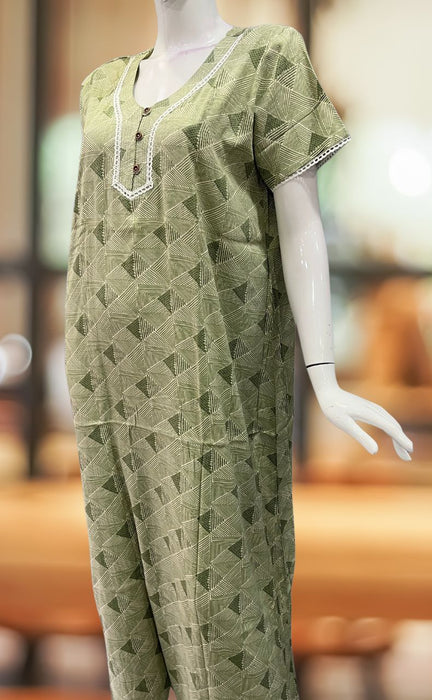 Pista Green Abstract Spun Free Size Nighty. Flowy Spun Fabric | Laces and Frills - Laces and Frills