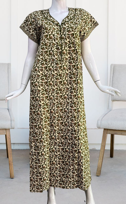 Off White/Green Floral Pure Cotton Nighty. Pure Durable Cotton | Laces and Frills - Laces and Frills