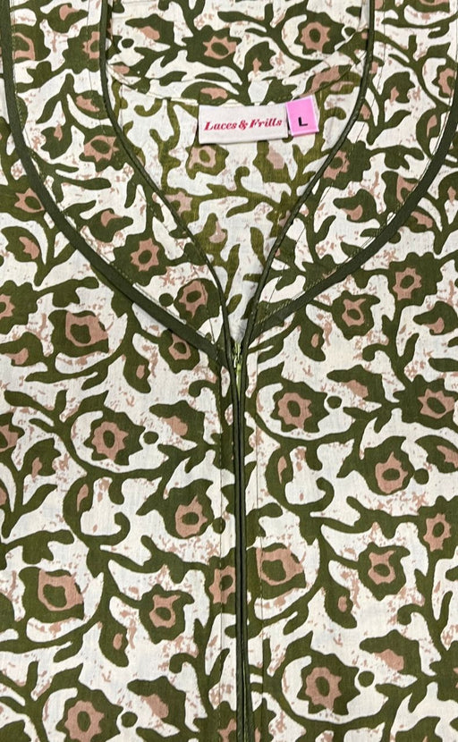 Off White/Green Floral Pure Cotton Nighty. Pure Durable Cotton | Laces and Frills - Laces and Frills