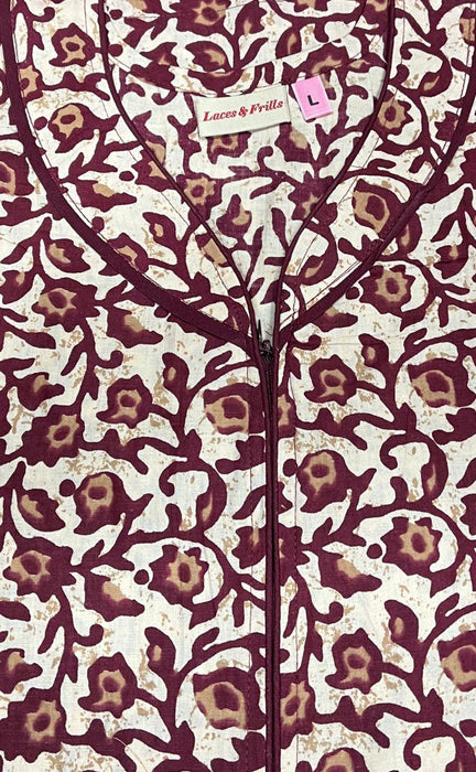 Off White/Maroon Floral Pure Cotton Nighty. Pure Durable Cotton | Laces and Frills - Laces and Frills