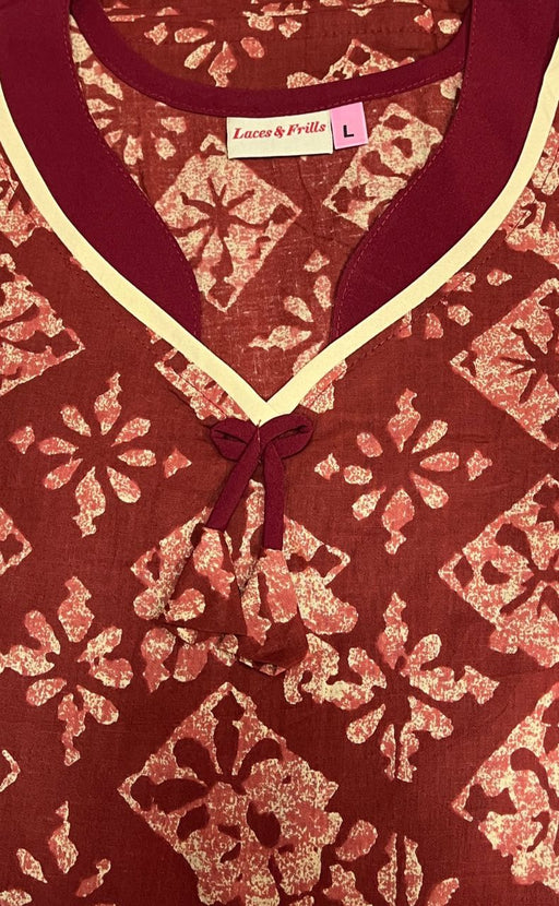 Rust Maroon Floral Pure Cotton Nighty. Pure Durable Cotton | Laces and Frills - Laces and Frills
