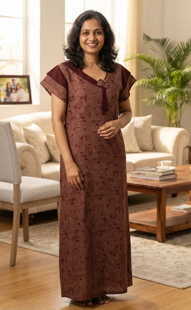 Maroon Abstract Spun Nighty. Flowy Spun Fabric | Laces and Frills