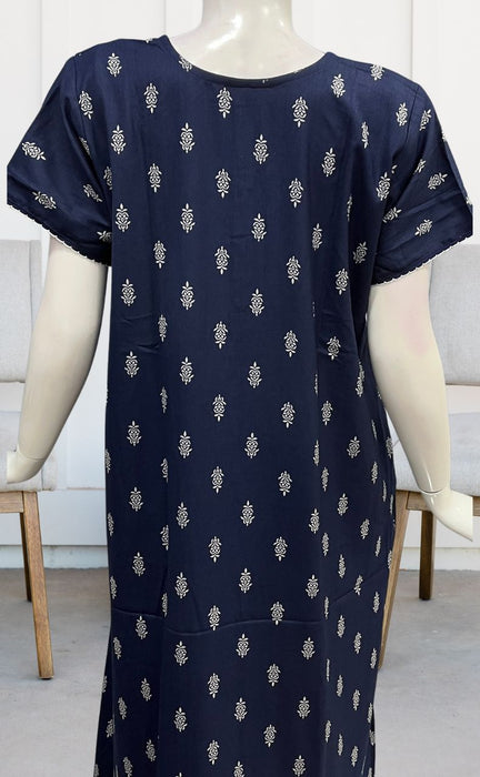Navy Blue Floral Spun Nighty. Pure Durable Cotton | Laces and Frills - Laces and Frills