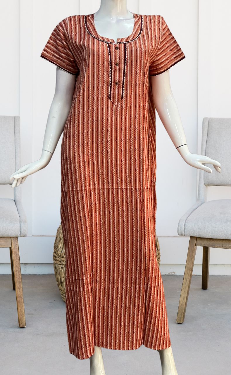 Peach Stripes Spun Nighty. Pure Durable Cotton | Laces and Frills - Laces and Frills