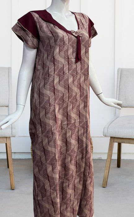Grey/Maroon Abstract Spun Nighty. Pure Durable Cotton | Laces and Frills - Laces and Frills