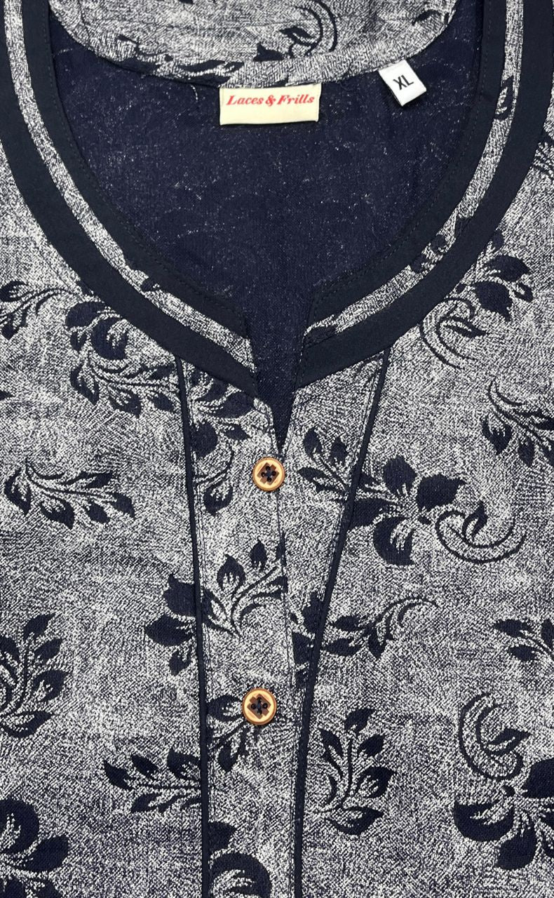 Navy Blue Leafy Spun Nighty. Pure Durable Cotton | Laces and Frills - Laces and Frills