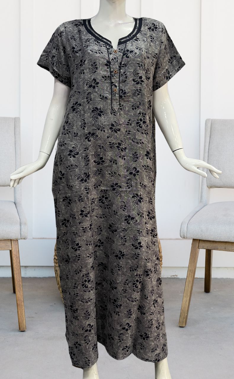 Navy Blue Leafy Spun Nighty. Pure Durable Cotton | Laces and Frills - Laces and Frills