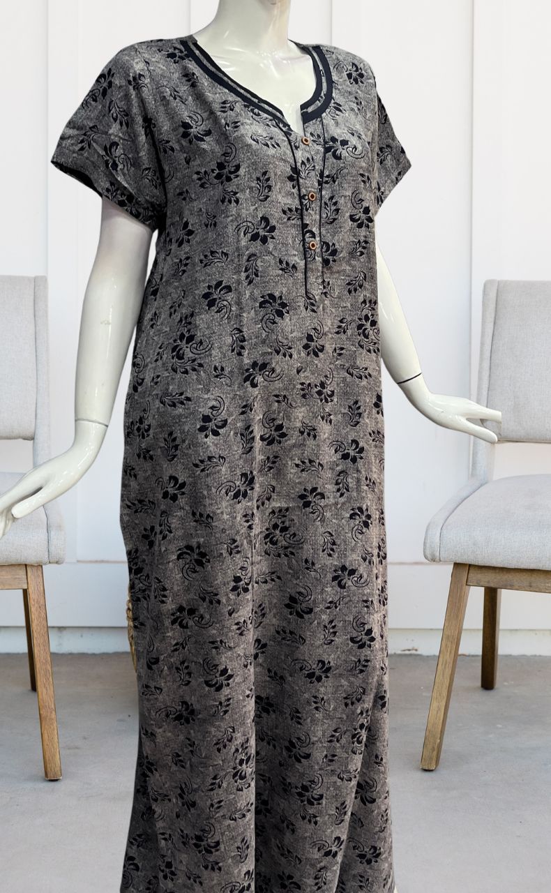 Navy Blue Leafy Spun Nighty. Pure Durable Cotton | Laces and Frills - Laces and Frills