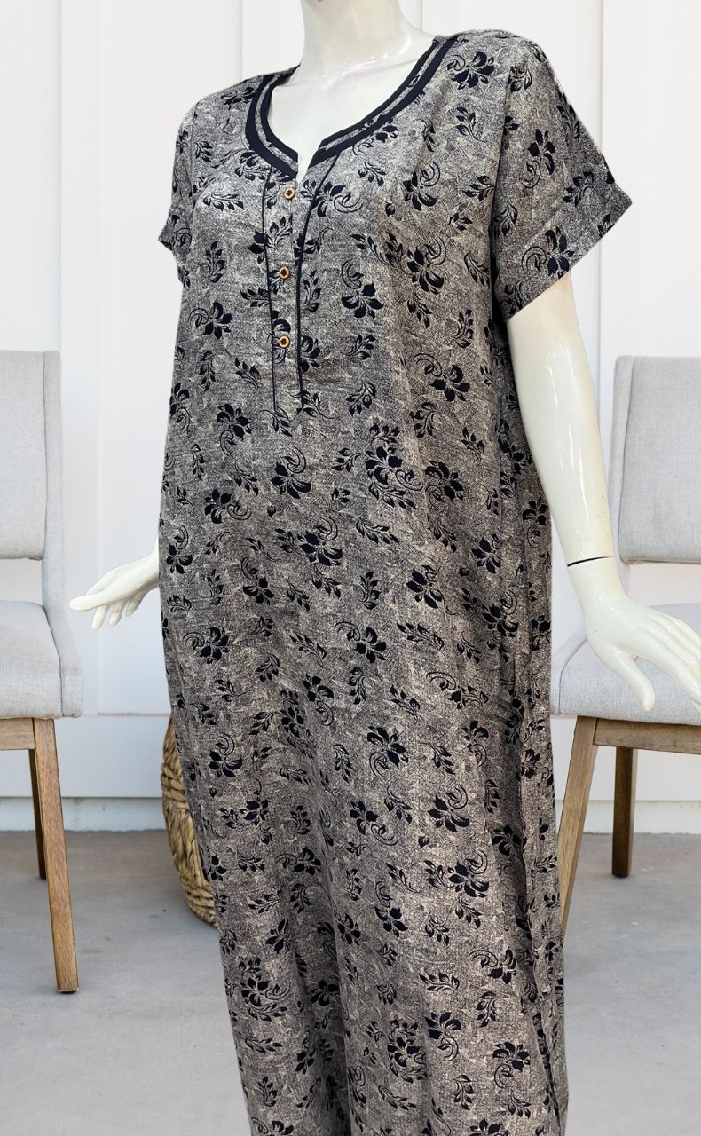 Navy Blue Leafy Spun Nighty. Pure Durable Cotton | Laces and Frills - Laces and Frills