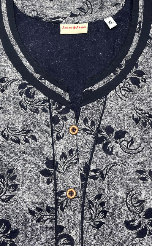 Navy Blue Leafy Spun Nighty. Pure Durable Cotton | Laces and Frills - Laces and Frills