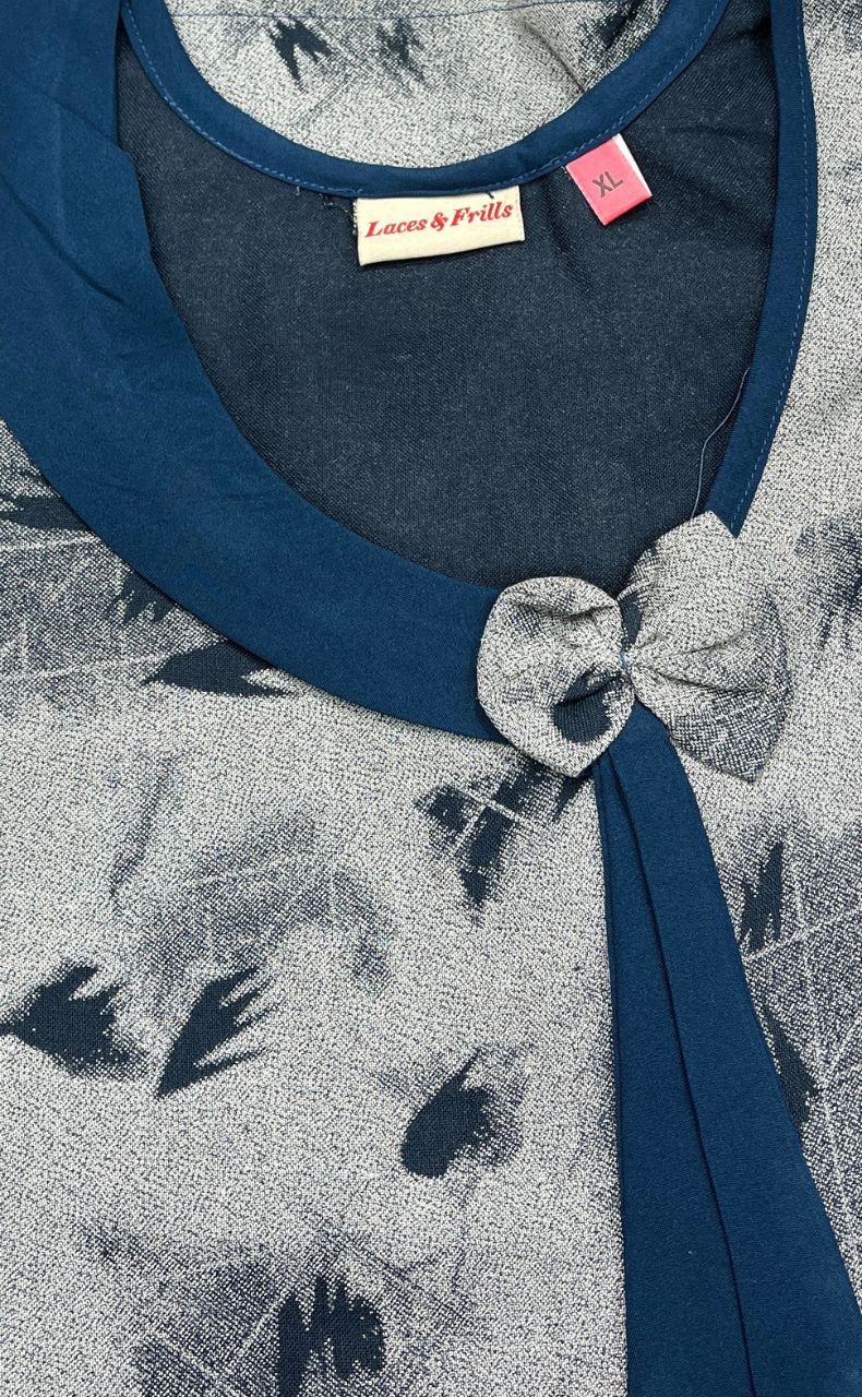 Grey/Teal Blue Leafy Spun Nighty. Pure Durable Cotton | Laces and Frills - Laces and Frills