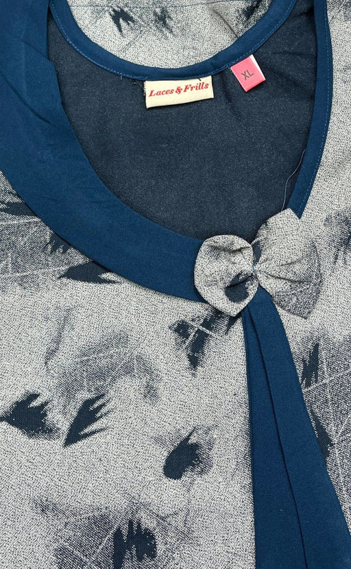 Grey/Teal Blue Leafy Spun Nighty. Pure Durable Cotton | Laces and Frills - Laces and Frills