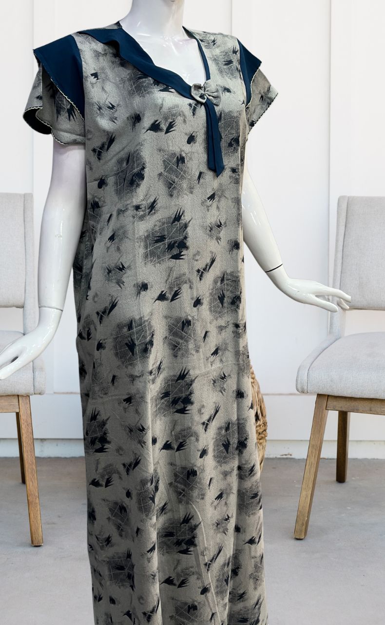 Grey/Teal Blue Leafy Spun Nighty. Pure Durable Cotton | Laces and Frills - Laces and Frills