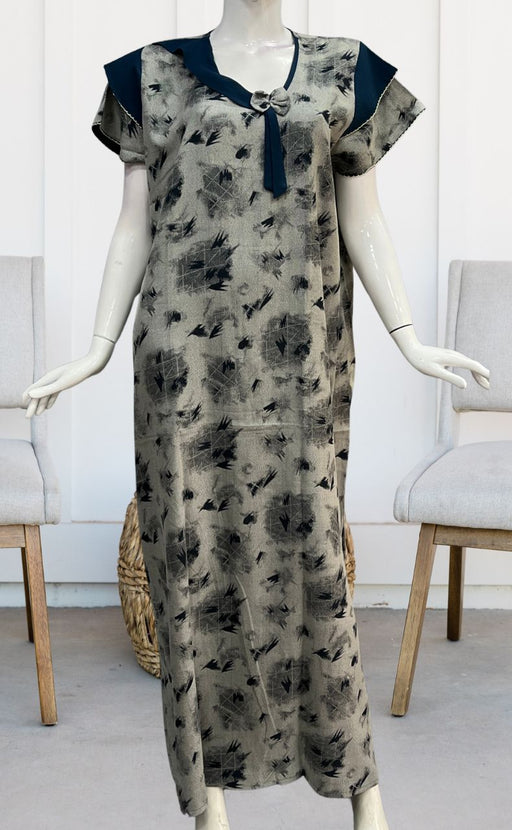 Grey/Teal Blue Leafy Spun Nighty. Pure Durable Cotton | Laces and Frills - Laces and Frills