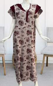 Grey/Maroon Leafy Spun Nighty. Pure Durable Cotton | Laces and Frills - Laces and Frills