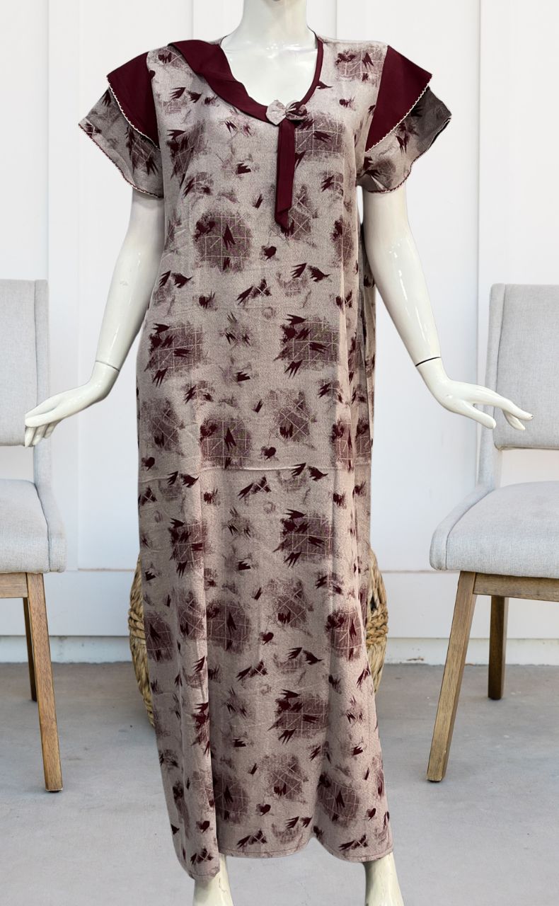 Grey/Maroon Leafy Spun Nighty. Pure Durable Cotton | Laces and Frills - Laces and Frills