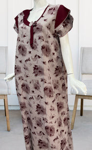 Grey/Maroon Leafy Spun Nighty. Pure Durable Cotton | Laces and Frills - Laces and Frills