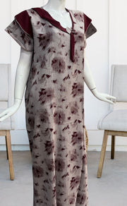 Grey/Maroon Leafy Spun Nighty. Pure Durable Cotton | Laces and Frills - Laces and Frills