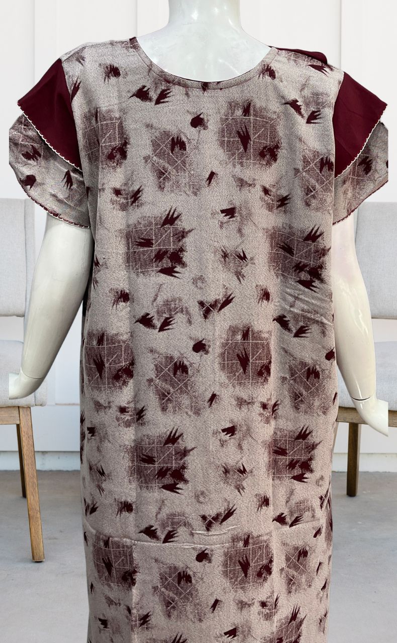 Grey/Maroon Leafy Spun Nighty. Pure Durable Cotton | Laces and Frills - Laces and Frills
