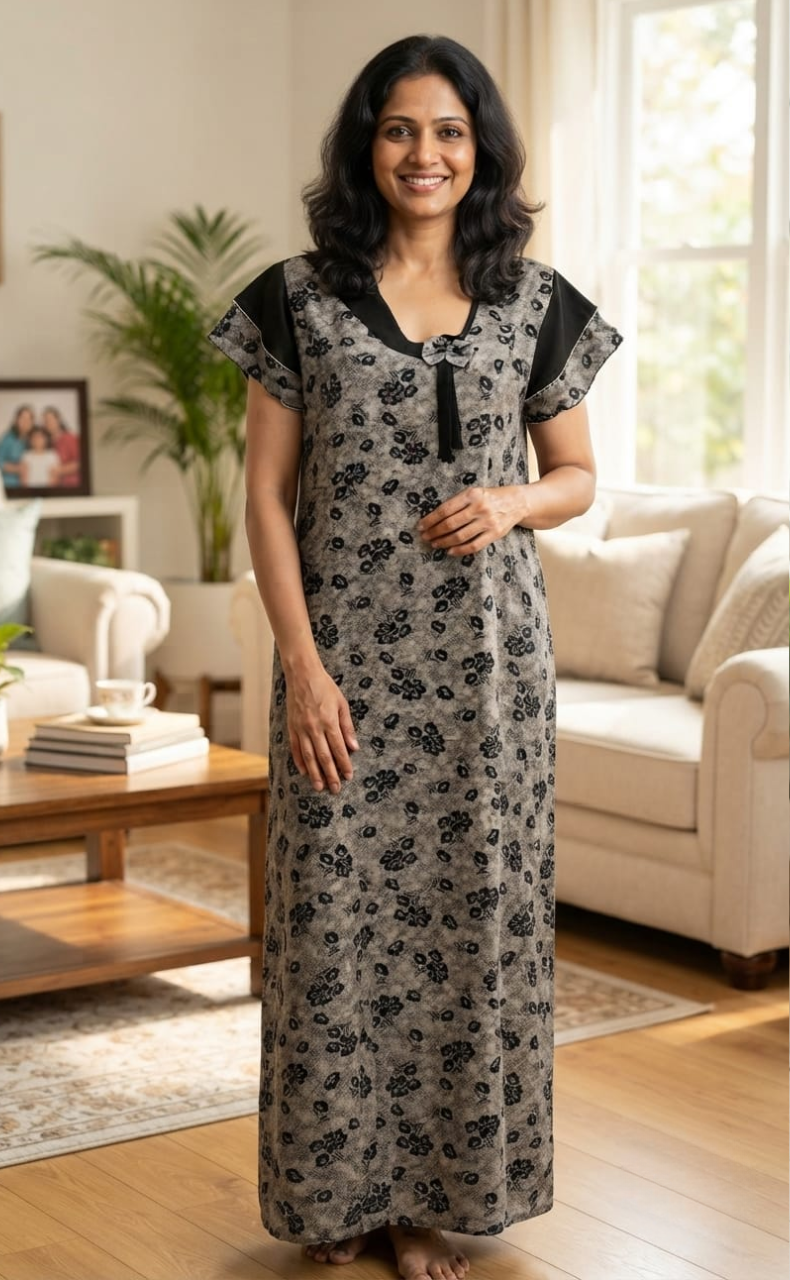 Grey/Black Leafy Spun Nighty. Flowy Spun Fabric | Laces and Frills