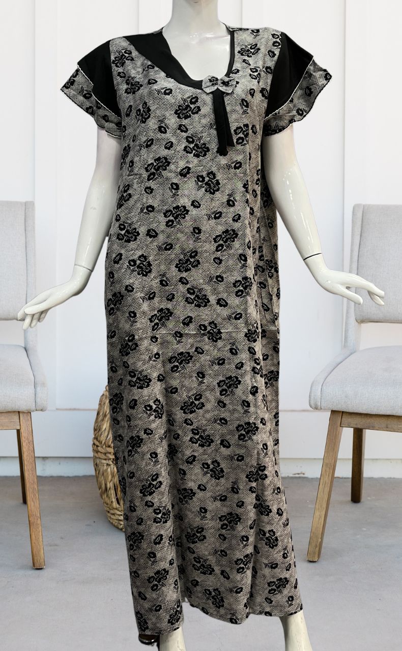 Grey/Black Leafy Spun Nighty. Pure Durable Cotton | Laces and Frills - Laces and Frills