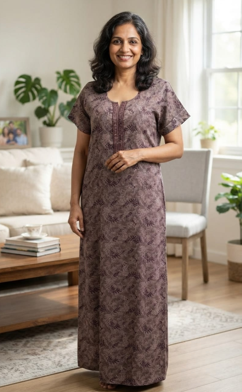 Violet Leafy Spun Nighty. Flowy Spun Fabric | Laces and Frills