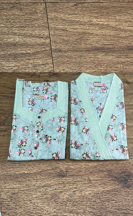 Pista Green Floral Pure Cotton House Coat Set. Boutique Cotton Fabric | Laces and Frills - Laces and Frills