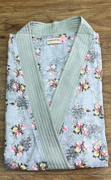 Grey Floral Pure Cotton House Coat Set. Boutique Cotton Fabric | Laces and Frills - Laces and Frills