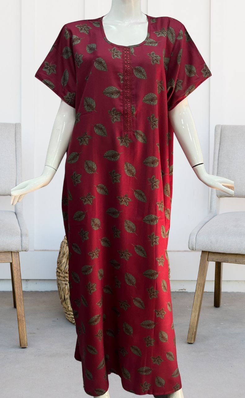 Maroon Leafy Spun Nighty. Flowy Spun Fabric | Laces and Frills - Laces and Frills