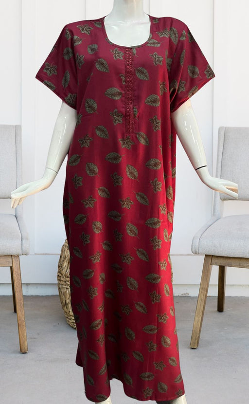 Maroon Leafy Spun Nighty. Flowy Spun Fabric | Laces and Frills - Laces and Frills