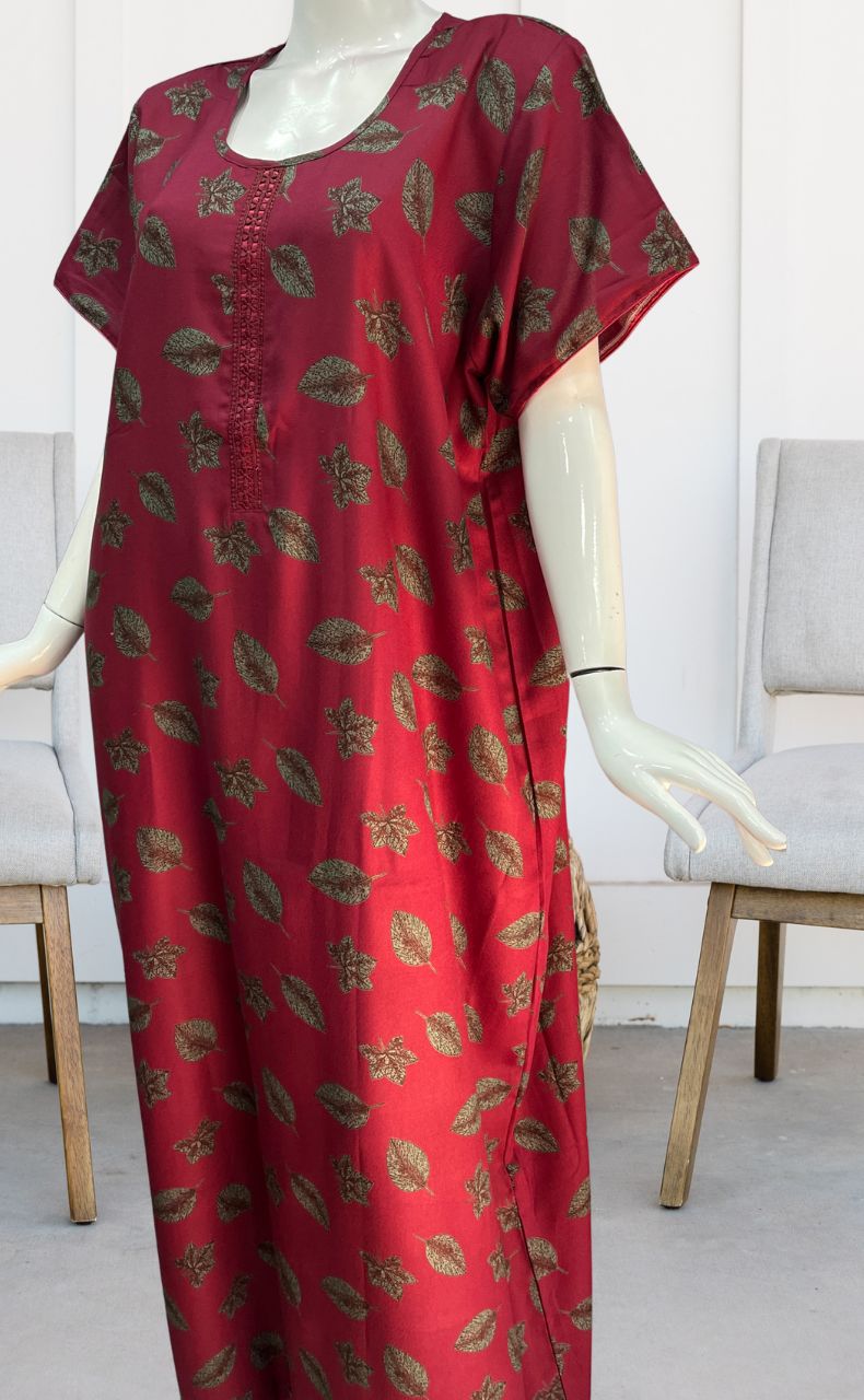 Maroon Leafy Spun Nighty. Flowy Spun Fabric | Laces and Frills - Laces and Frills