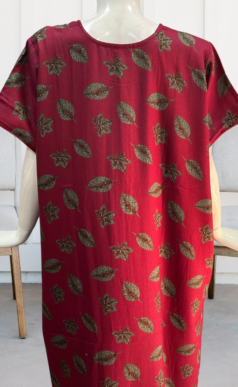 Maroon Leafy Spun Nighty. Flowy Spun Fabric | Laces and Frills - Laces and Frills