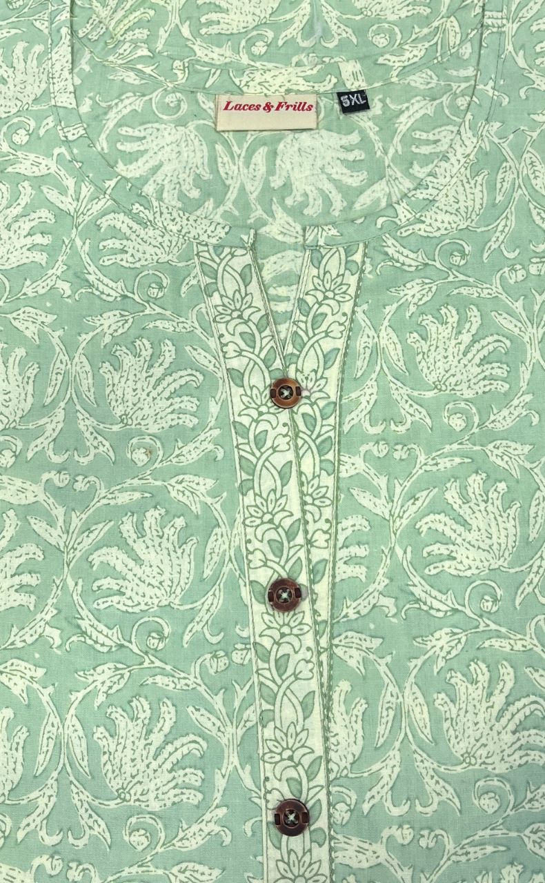 Pista Green Floral Pure Cotton Nighty. Pure Durable Cotton | Laces and Frills - Laces and Frills