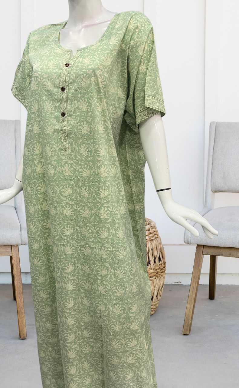 Pista Green Floral Pure Cotton Nighty. Pure Durable Cotton | Laces and Frills - Laces and Frills