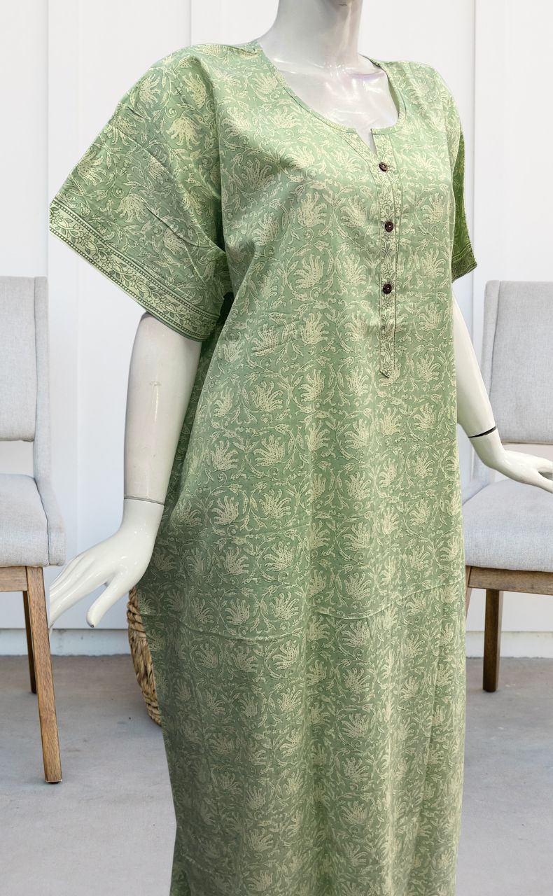 Pista Green Floral Pure Cotton Nighty. Pure Durable Cotton | Laces and Frills - Laces and Frills