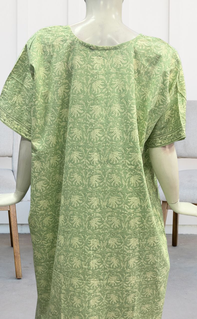 Pista Green Floral Pure Cotton Nighty. Pure Durable Cotton | Laces and Frills - Laces and Frills