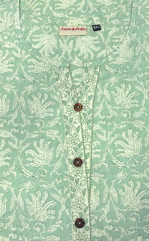 Pista Green Floral Pure Cotton Nighty. Pure Durable Cotton | Laces and Frills - Laces and Frills